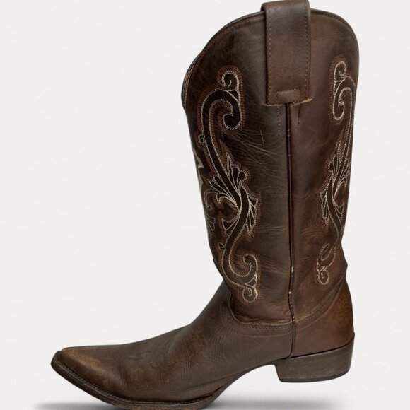 Cold River Brown Leather Embroidered Western Cowboy Boots Men's 9 D - Picture 3 of 16